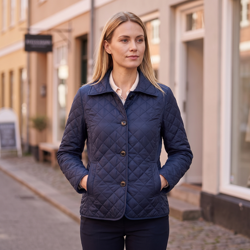 Emma | Quiltet Overgangsjakke i Marineblå, forfra