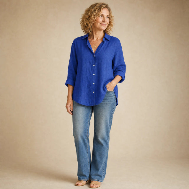 Estelle | Women's Linen-Look Button-Up Blouse in Blue, view 1