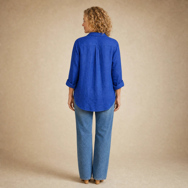 Estelle | Women's Linen-Look Button-Up Blouse in Blue, view 2