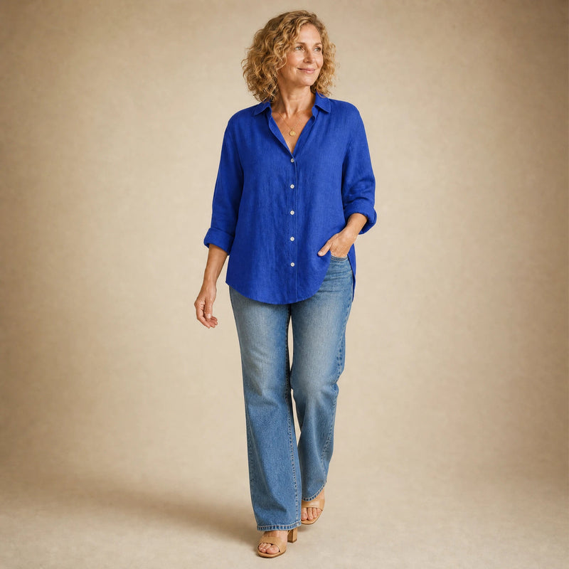 Estelle | Women's Linen-Look Button-Up Blouse in Blue, view 3