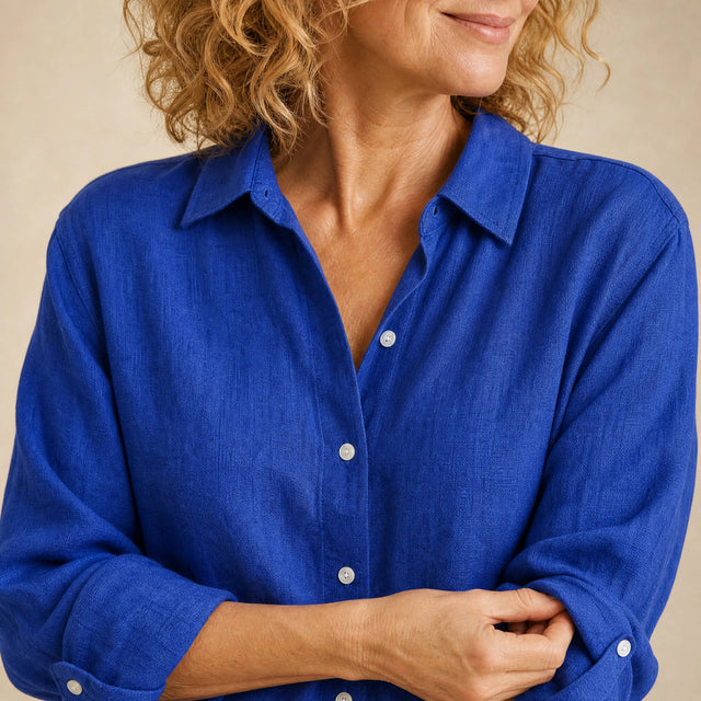 Estelle | Women's Linen-Look Button-Up Blouse in Blue, view 4