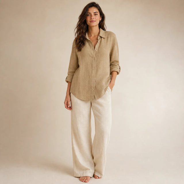 Estelle | Women's Linen-Look Button-Up Blouse in Brown, view 1