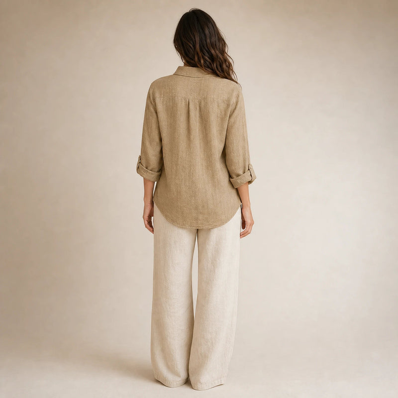 Estelle | Women's Linen-Look Button-Up Blouse in Brown, view 2