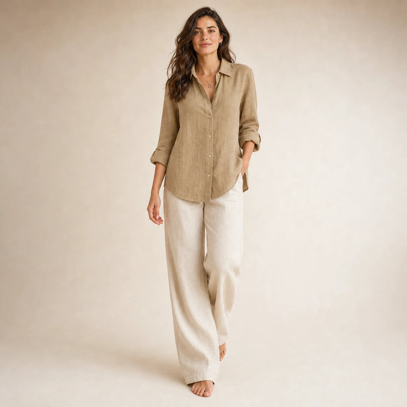 Estelle | Women's Linen-Look Button-Up Blouse in Brown, view 3