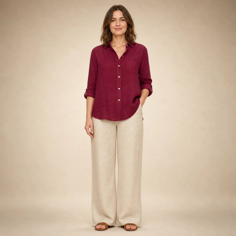 Estelle | Women's Linen-Look Button-Up Blouse in Burgundy, view 1