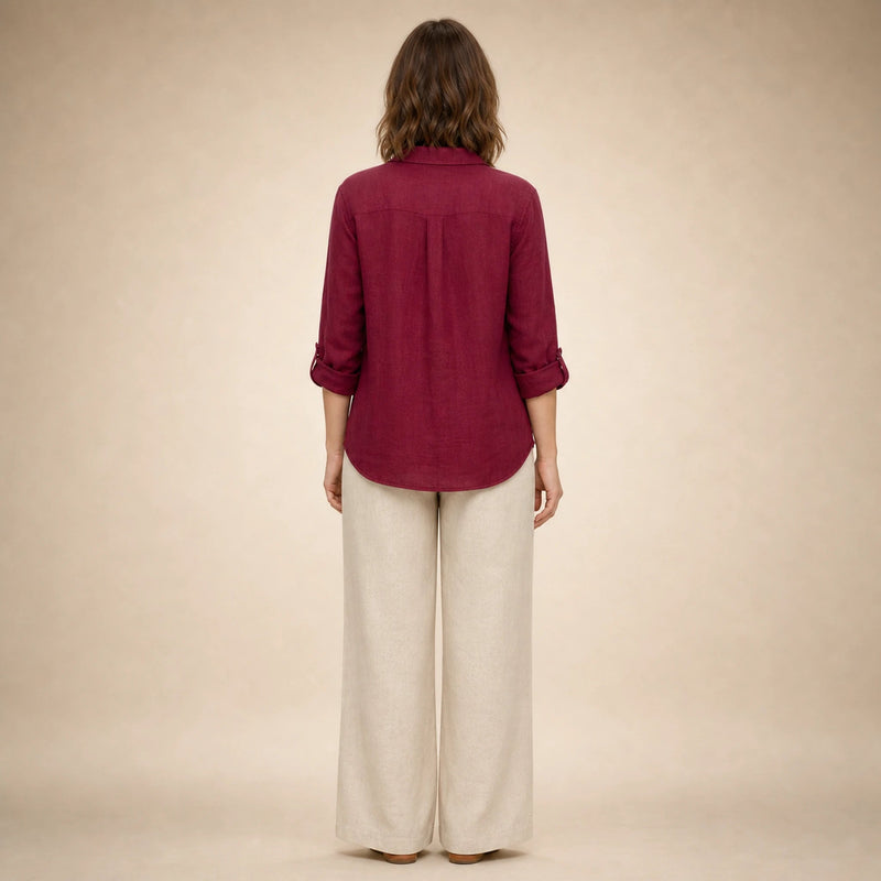 Estelle | Women's Linen-Look Button-Up Blouse in Burgundy, view 2