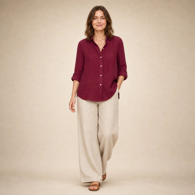 Estelle | Women's Linen-Look Button-Up Blouse in Burgundy, view 3