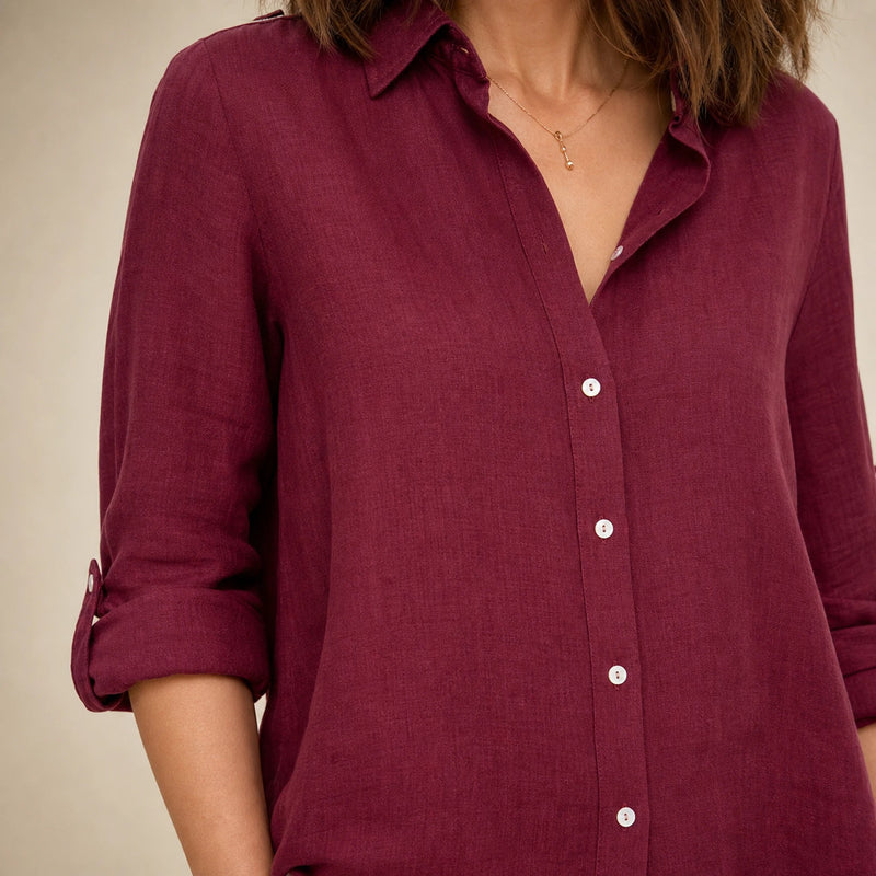 Estelle | Women's Linen-Look Button-Up Blouse in Burgundy, view 4