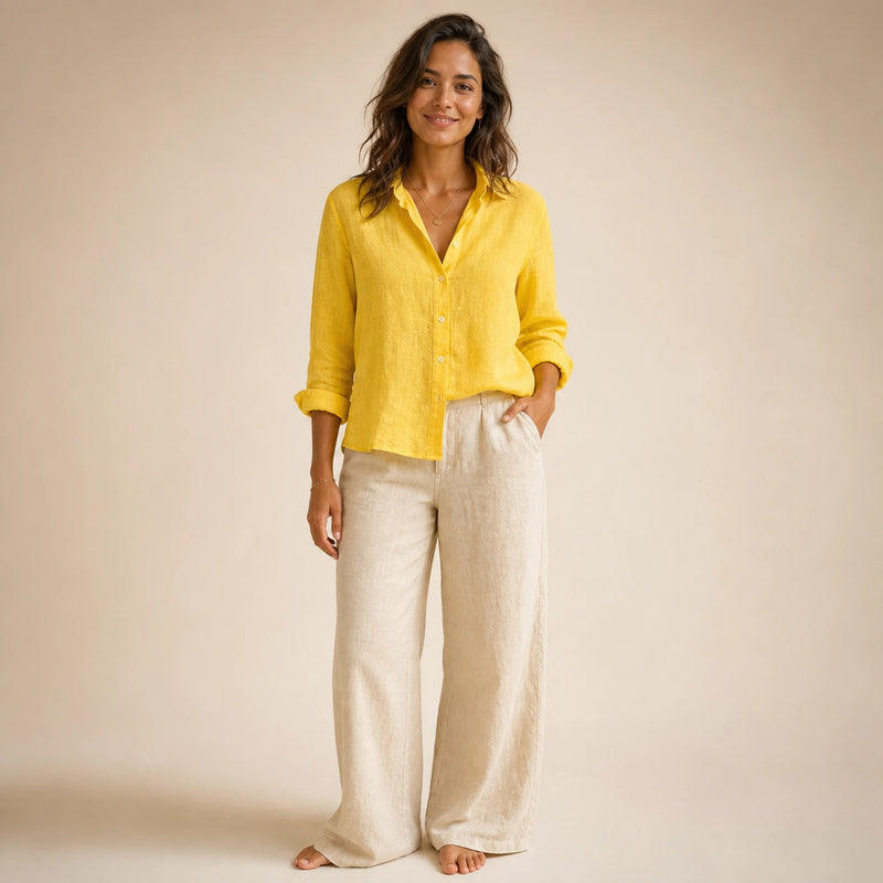 Estelle | Women's Linen-Look Button-Up Blouse in Yellow, view 1