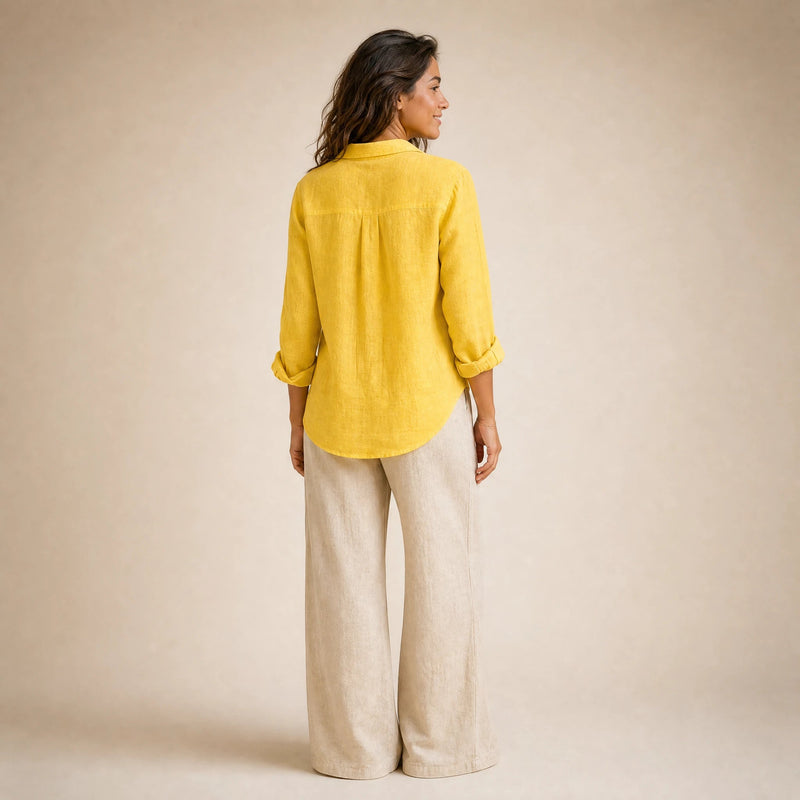 Estelle | Women's Linen-Look Button-Up Blouse in Yellow, view 2