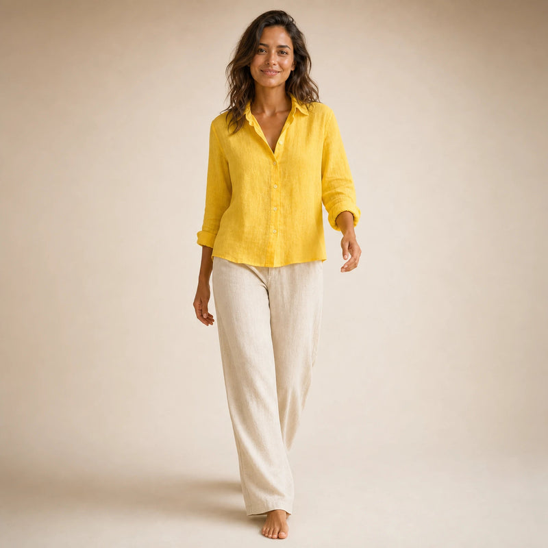 Estelle | Women's Linen-Look Button-Up Blouse in Yellow, view 3
