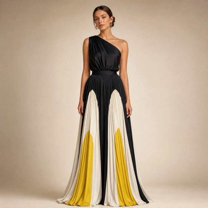 Evelyn | One-Shoulder Maxikjole i Gul, studie forfra