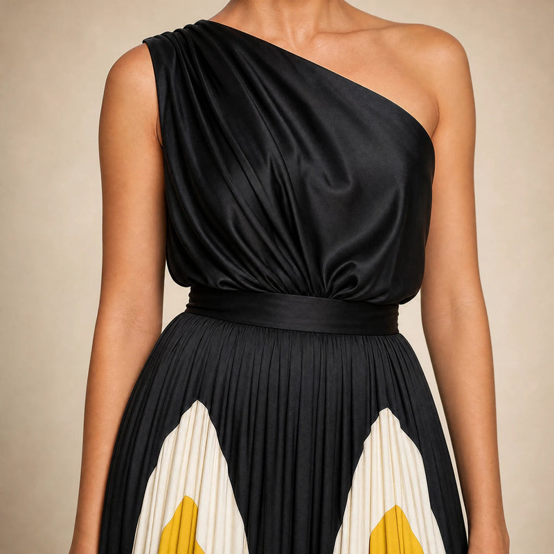 Evelyn | One-Shoulder Maxikjole i Gul, nærbillede af stof