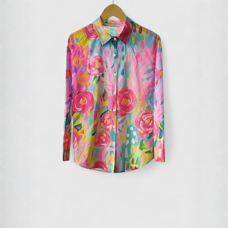 Felicitas | Skjorte med Blomsterprint i Rosa Blomstret, flat lay