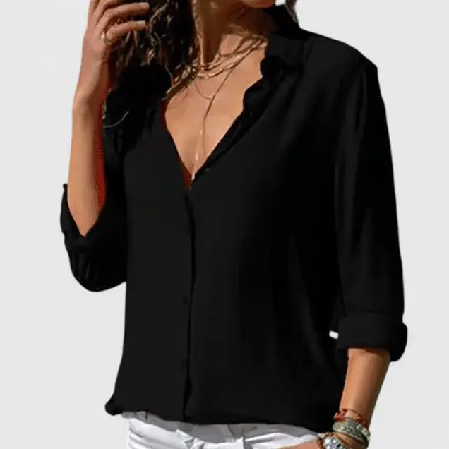 Filippa | Chiffonbluse med krave i Sort, forfra