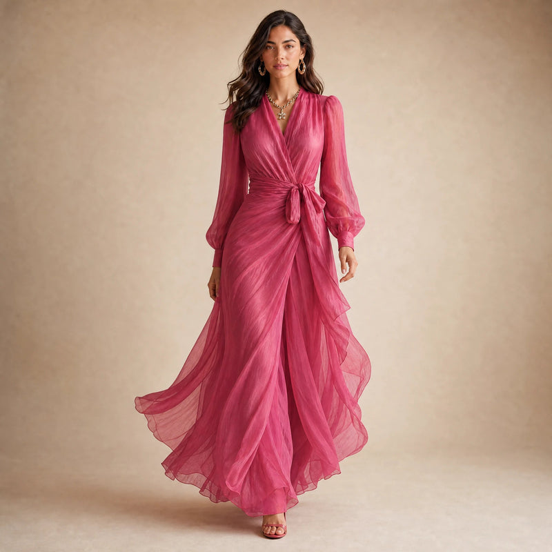 Florence | Women's Rose Pink Chiffon Maxi Dress in Pink, view 3