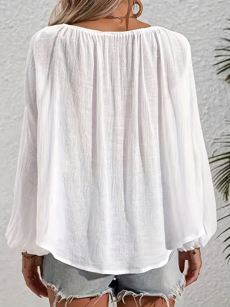 Freja | Boho Bluse med Ballonærmer i Hvid, bagfra
