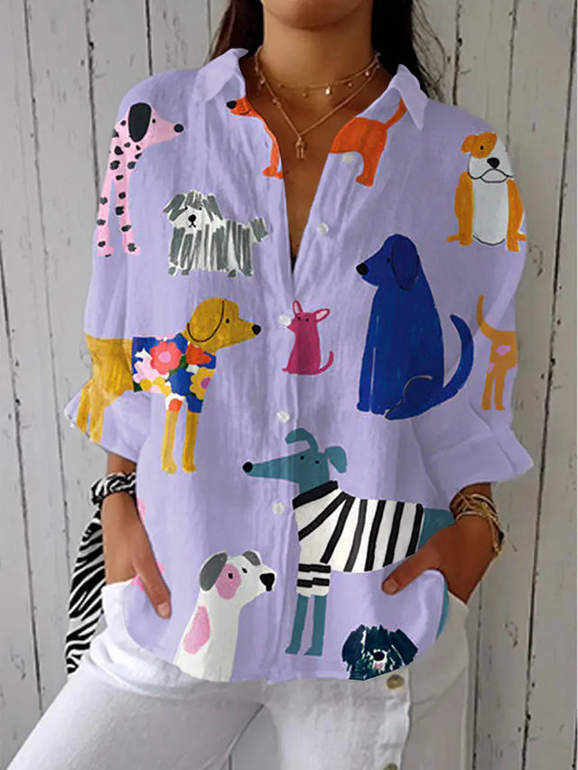 Freja | Bluse med hundeprint i Multifarvet, forfra