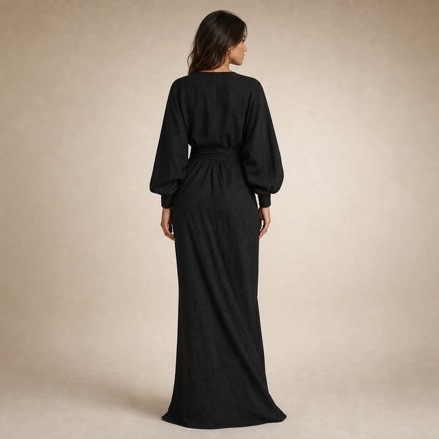 Georgia | Women's Linen-Look V-Neck Maxi Dress in Black, view 2