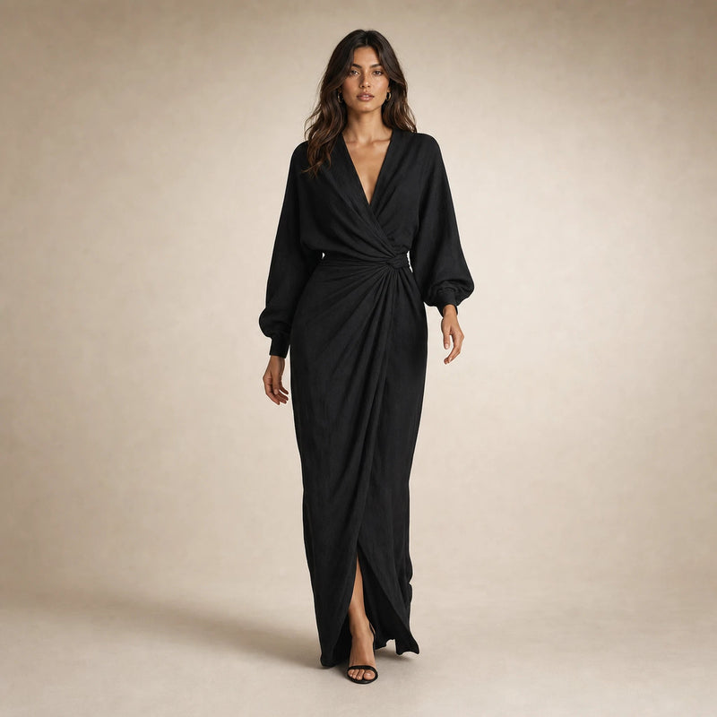 Georgia | Women's Linen-Look V-Neck Maxi Dress in Black, view 3