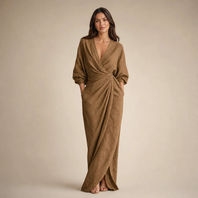 Georgia | Women's Linen-Look V-Neck Maxi Dress in Brown, view 1