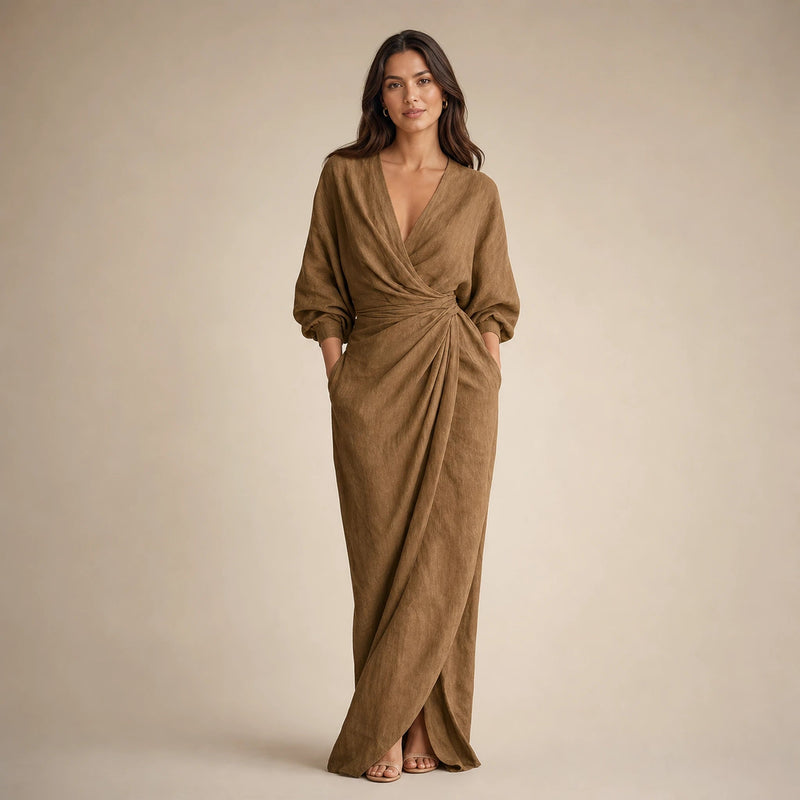 Georgia | Women's Linen-Look V-Neck Maxi Dress in Brown, view 1