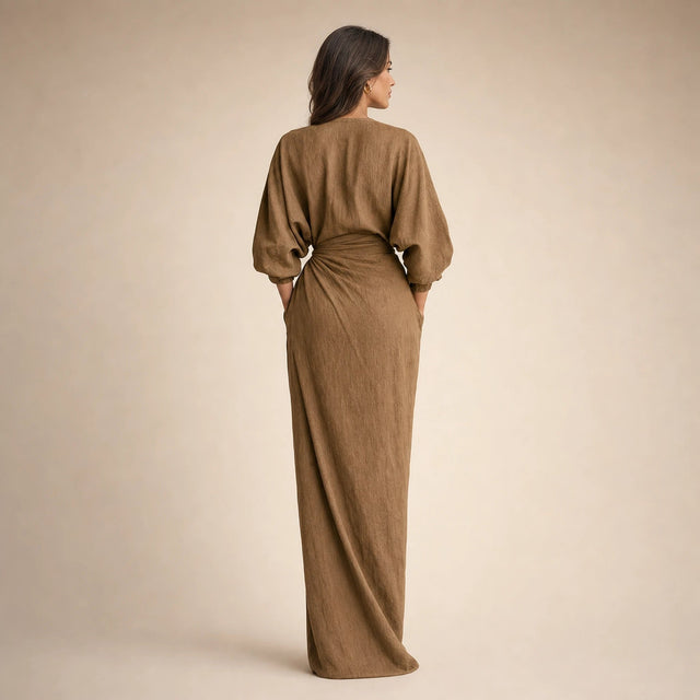 Georgia | Women's Linen-Look V-Neck Maxi Dress in Brown, view 2