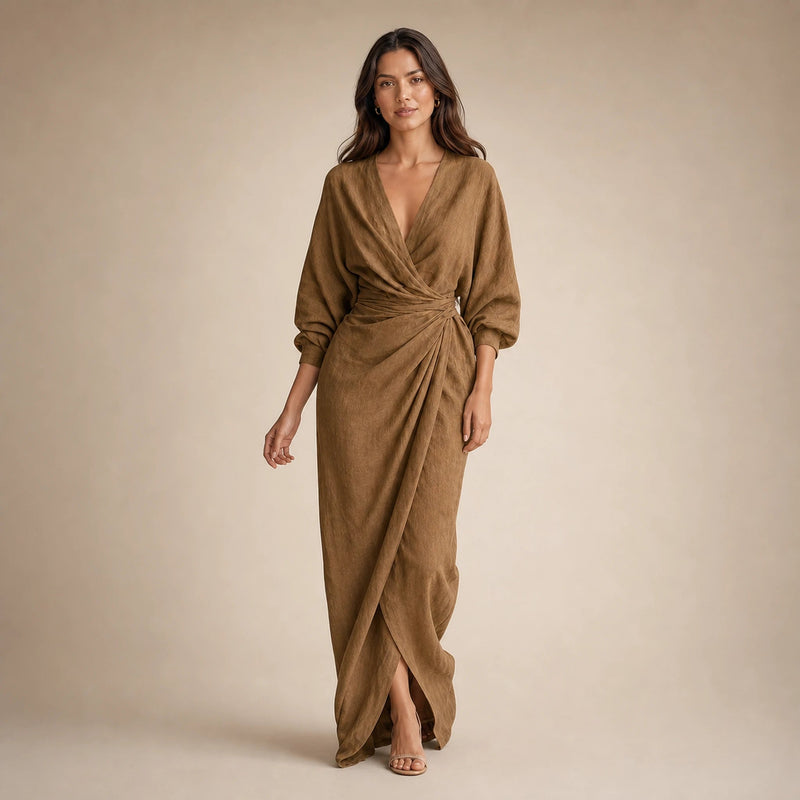 Georgia | Women's Linen-Look V-Neck Maxi Dress in Brown, view 3