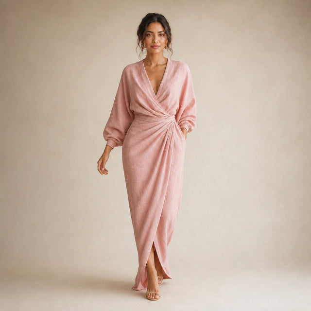 Georgia | Women's Linen-Look V-Neck Maxi Dress in Pink, view 3
