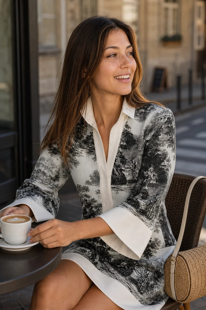 Grace | Toile-Print Minikjole i Sort/Hvid, cafescene