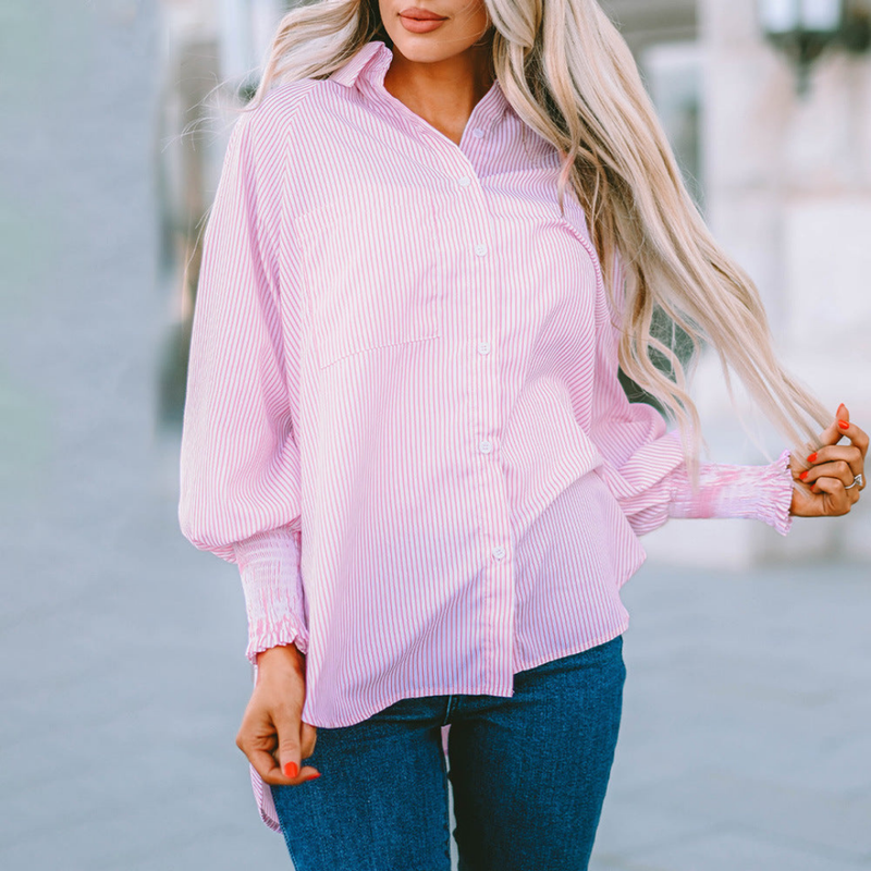 Harlow | Stribet Skjortebluse i Rosa, forfra