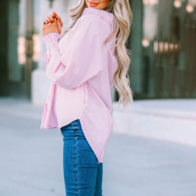 Harlow | Stribet Skjortebluse i Rosa, fra siden