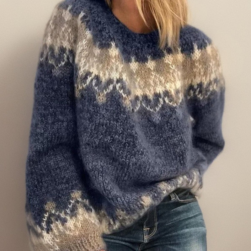 Helga | Fair Isle Striktrøje i Blå, nærbillede