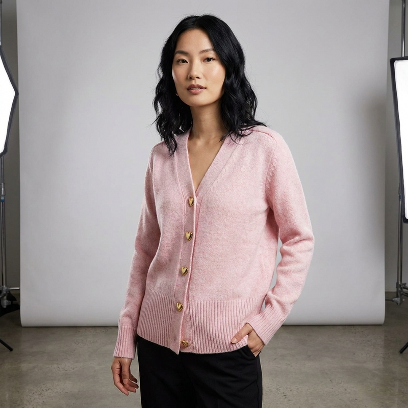 Ida | Cardigan med Hjerteknapper i Lys Rosa, forfra