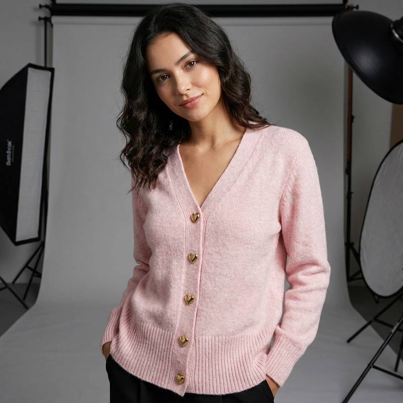 Ida | Cardigan med Hjerteknapper i Lys Rosa, nærbillede