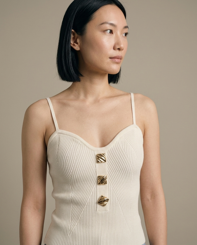 Ida | Cami top i ribstrik i Creme, nærbillede