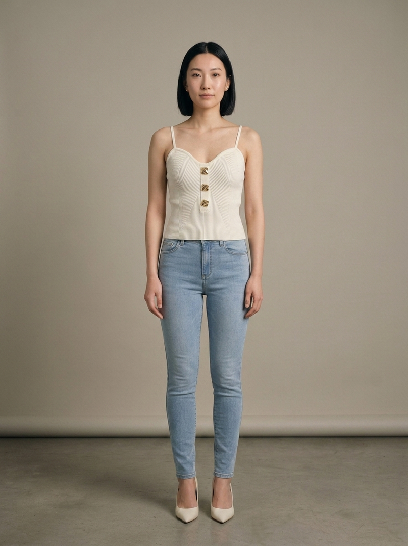 Ida | Cami top i ribstrik i Creme, forfra