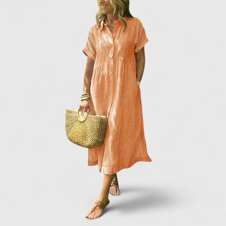 Ines | Stribet Skjortekjole i Orange, forfra