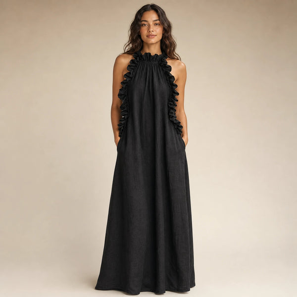 Iris | Women's Sleeveless Linen-Look Ruffle Maxi Dress in Black, view 1
