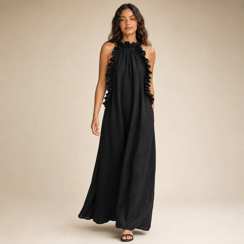 Iris | Women's Sleeveless Linen-Look Ruffle Maxi Dress in Black, view 3