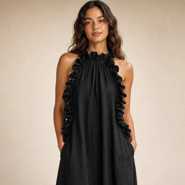 Iris | Women's Sleeveless Linen-Look Ruffle Maxi Dress in Black, view 4