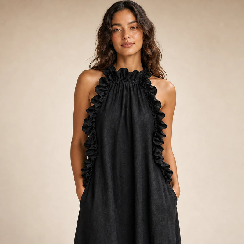 Iris | Women's Sleeveless Linen-Look Ruffle Maxi Dress in Black, view 4