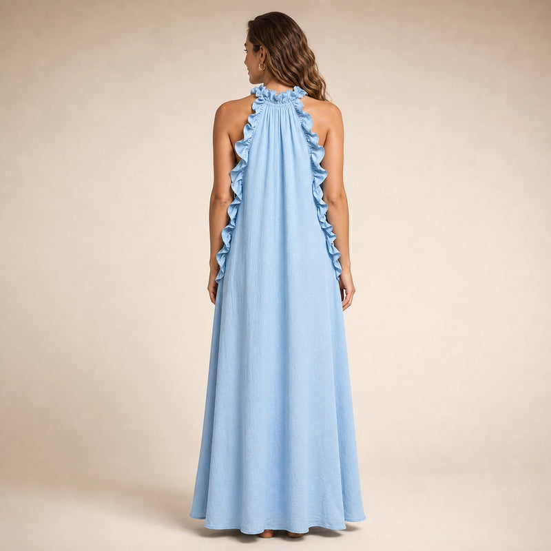 Iris | Women's Sleeveless Linen-Look Ruffle Maxi Dress in Light Blue, view 2