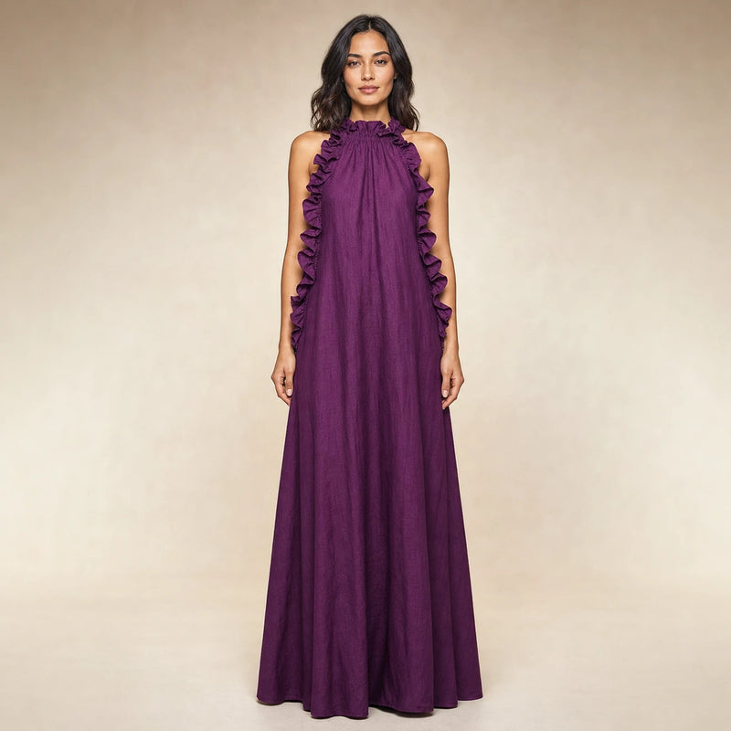 Iris | Women's Sleeveless Linen-Look Ruffle Maxi Dress in Purple, view 1