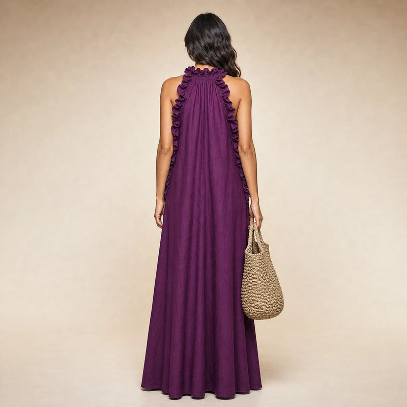 Iris | Women's Sleeveless Linen-Look Ruffle Maxi Dress in Purple, view 2
