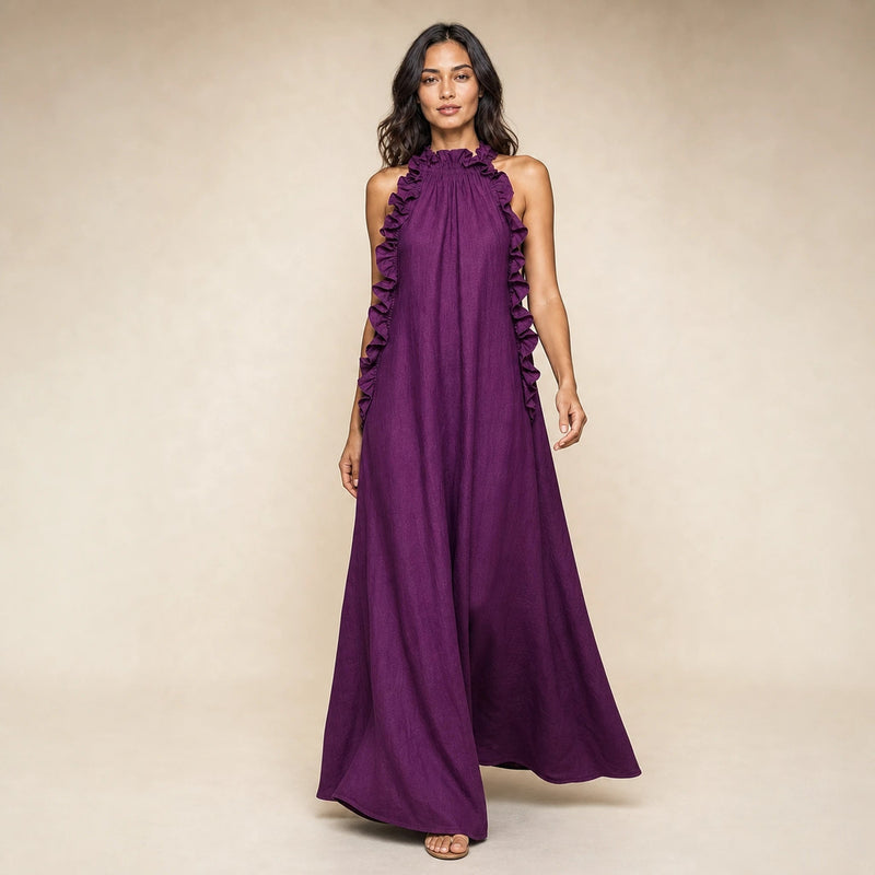 Iris | Women's Sleeveless Linen-Look Ruffle Maxi Dress in Purple, view 3