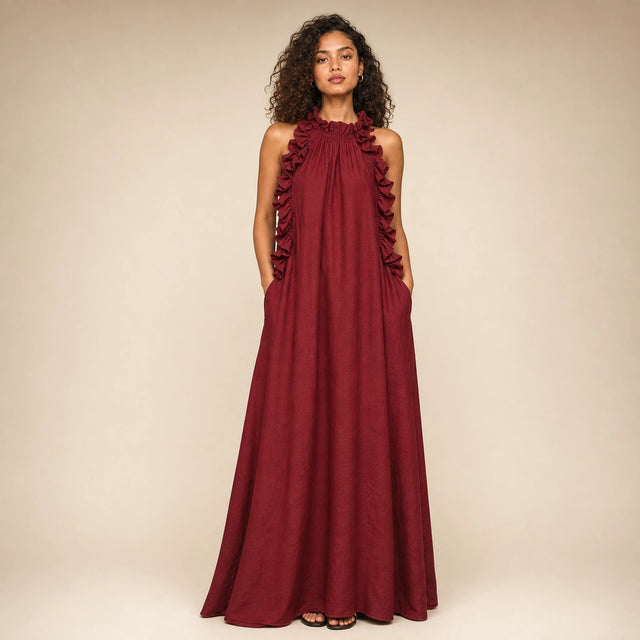 Iris | Women's Sleeveless Linen-Look Ruffle Maxi Dress in Red, view 4