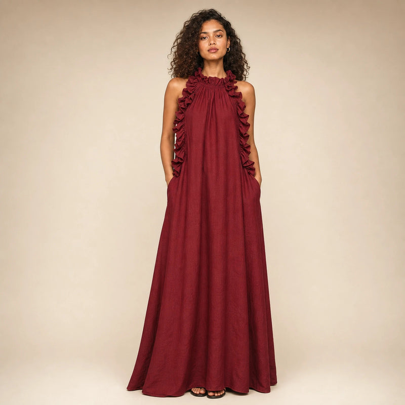 Iris | Women's Sleeveless Linen-Look Ruffle Maxi Dress in Red, view 4
