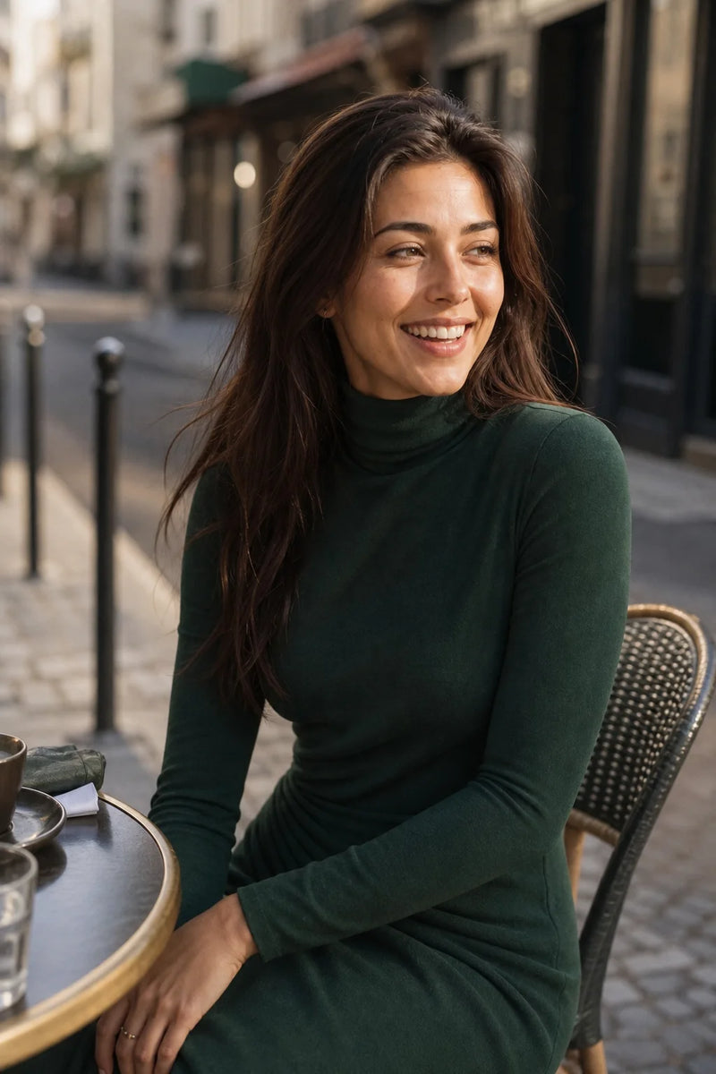 Isabella | Strikket Overslagskjole i Mørkegrøn, cafescene