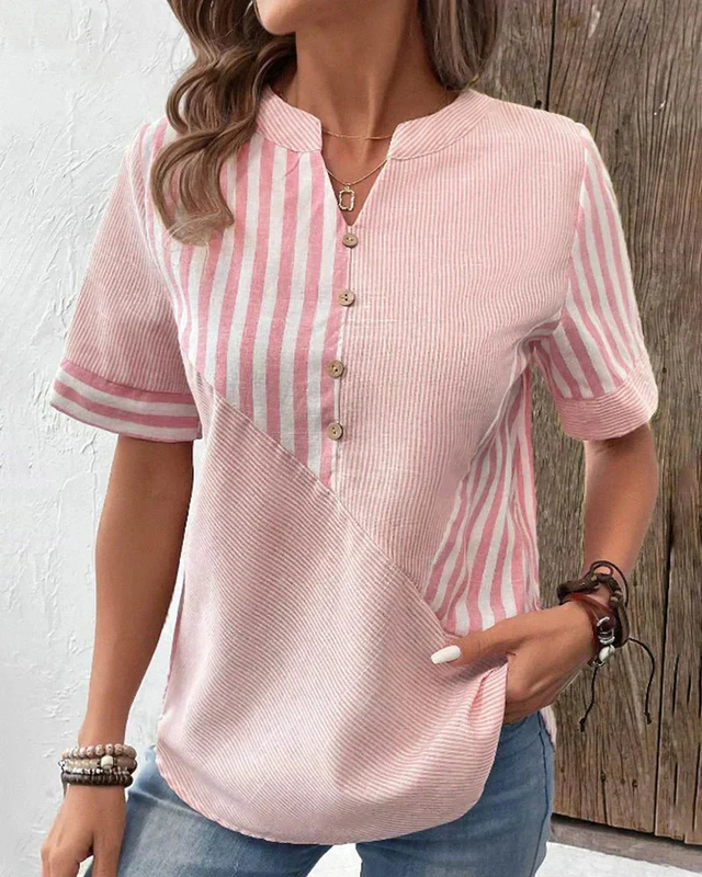 Jamie | Stribet bluse med farvefelter i Rosa, forfra